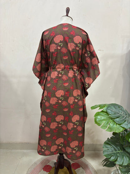 Floral Brown Kaftan Dress with Tassel Waist Tie