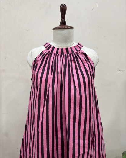 Pink Noir Striped Halter Neck Dress