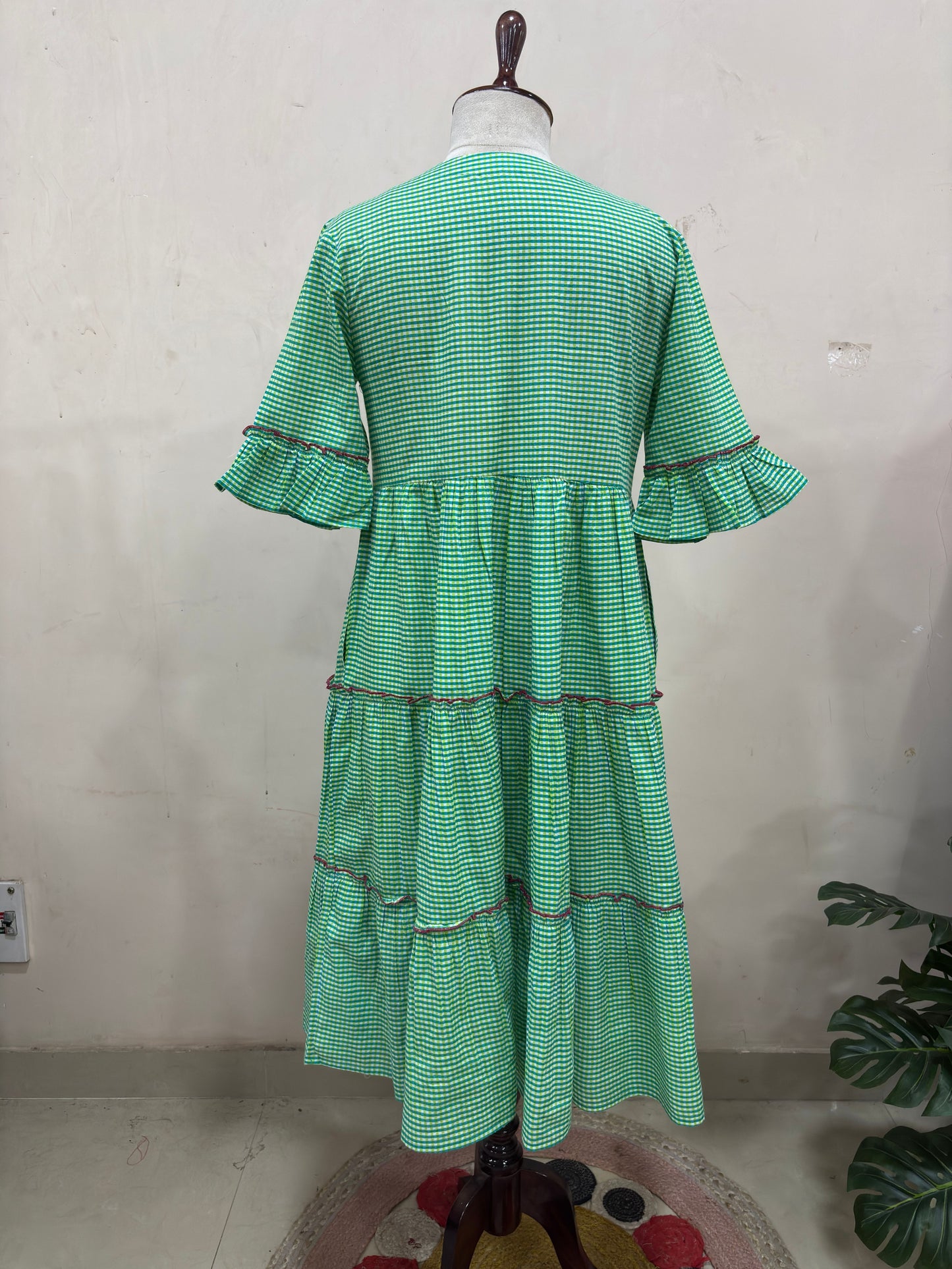 Green Gingham Tiered Midi Dress