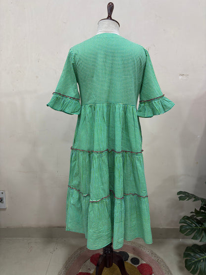 Green Gingham Tiered Midi Dress