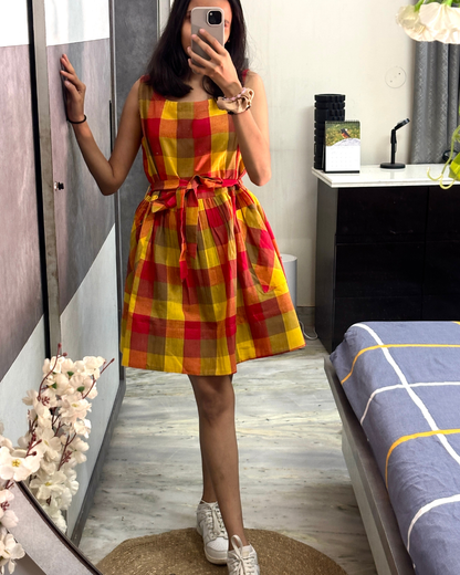 Sunset Plaid Flared Pinafore Dress