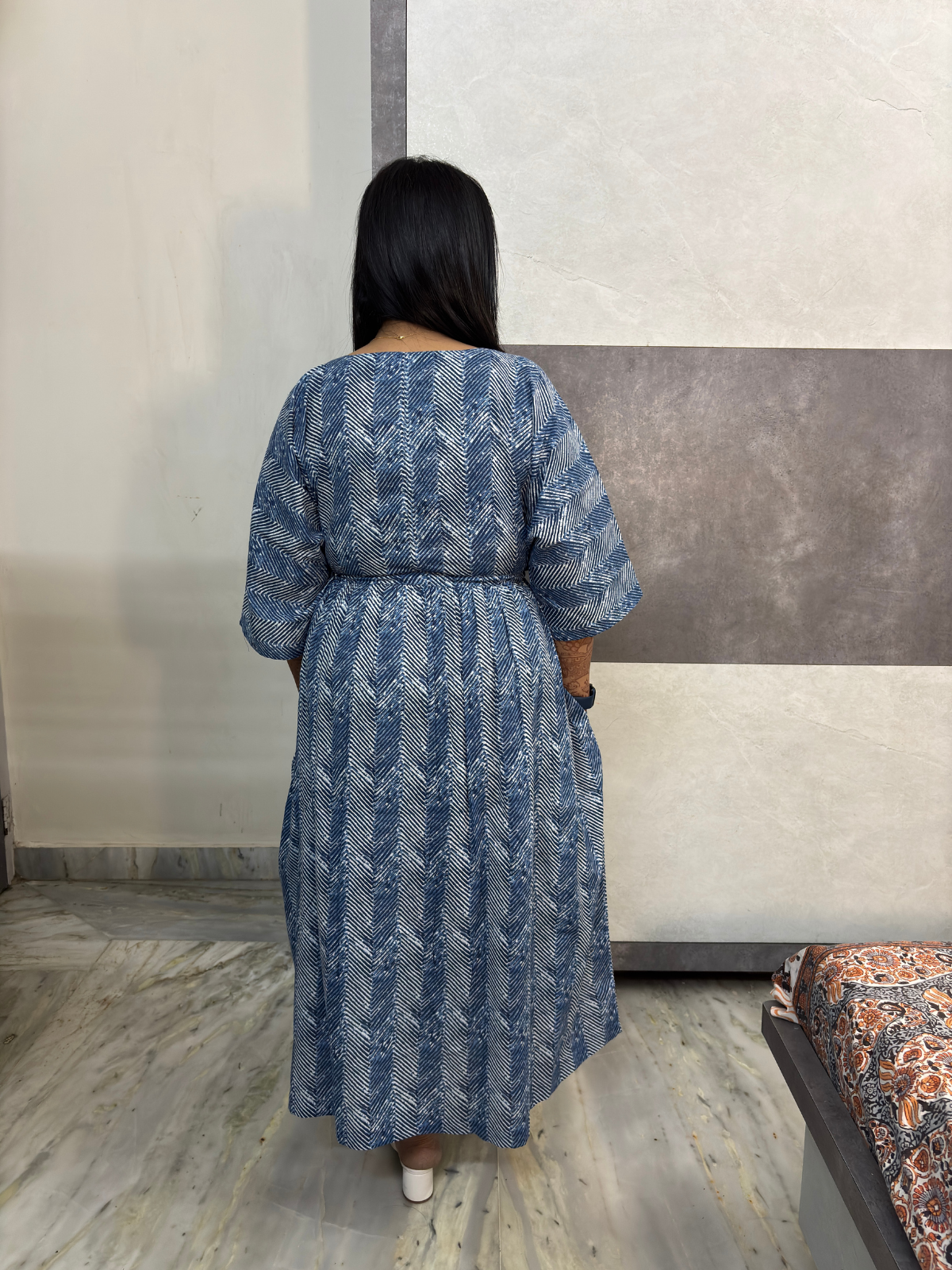 Blue Chevron Print Button-Down Dress