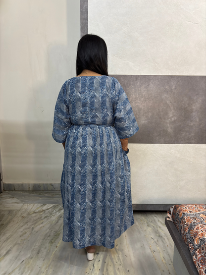 Blue Chevron Print Button-Down Dress