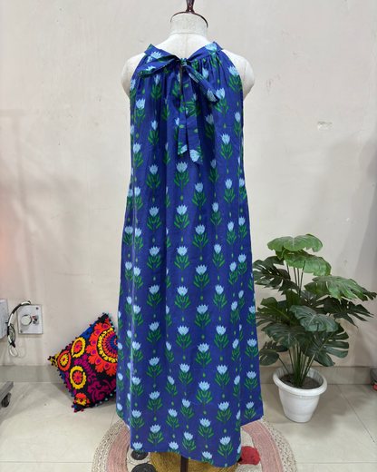 Indigo Tulip Halter Neck Flared Dress
