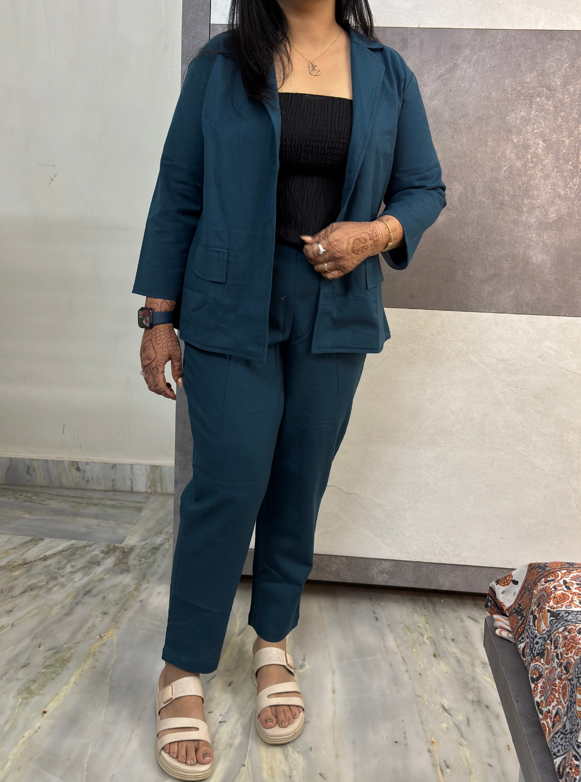 Teal Luxe Minimal Blazer Three Piece Set