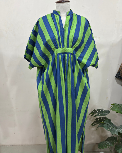 Green & Blue Striped Kaftan Dress