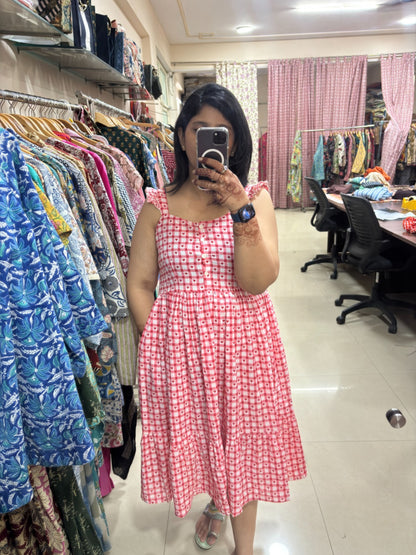 Pink Gingham Heart Print Midi Dress