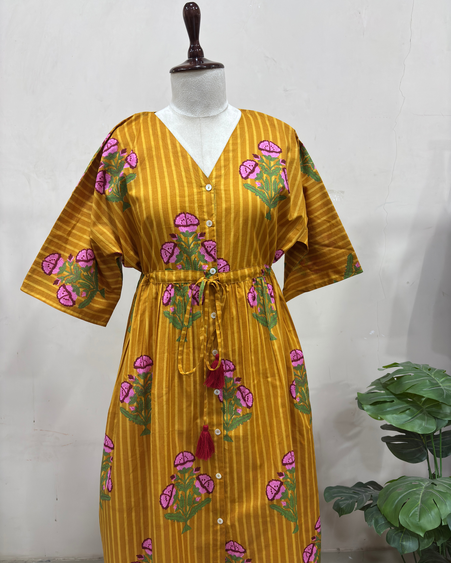 Mustard Floral Printed Kaftan Dress