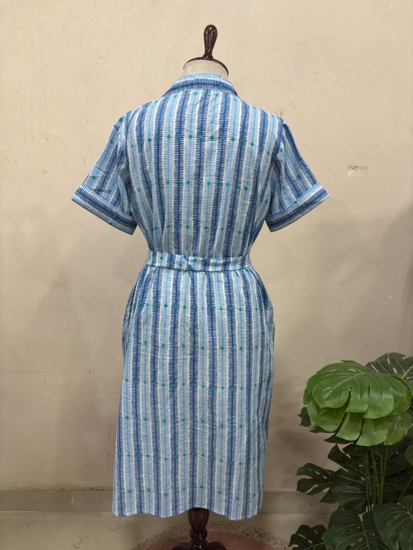 Blue Striped Tie Waist Midi Dress