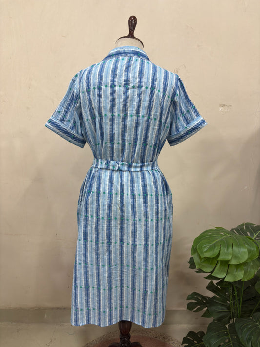 Blue Striped Tie Waist Midi Dress