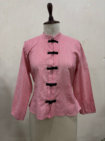 Crimson Stripe Button Top