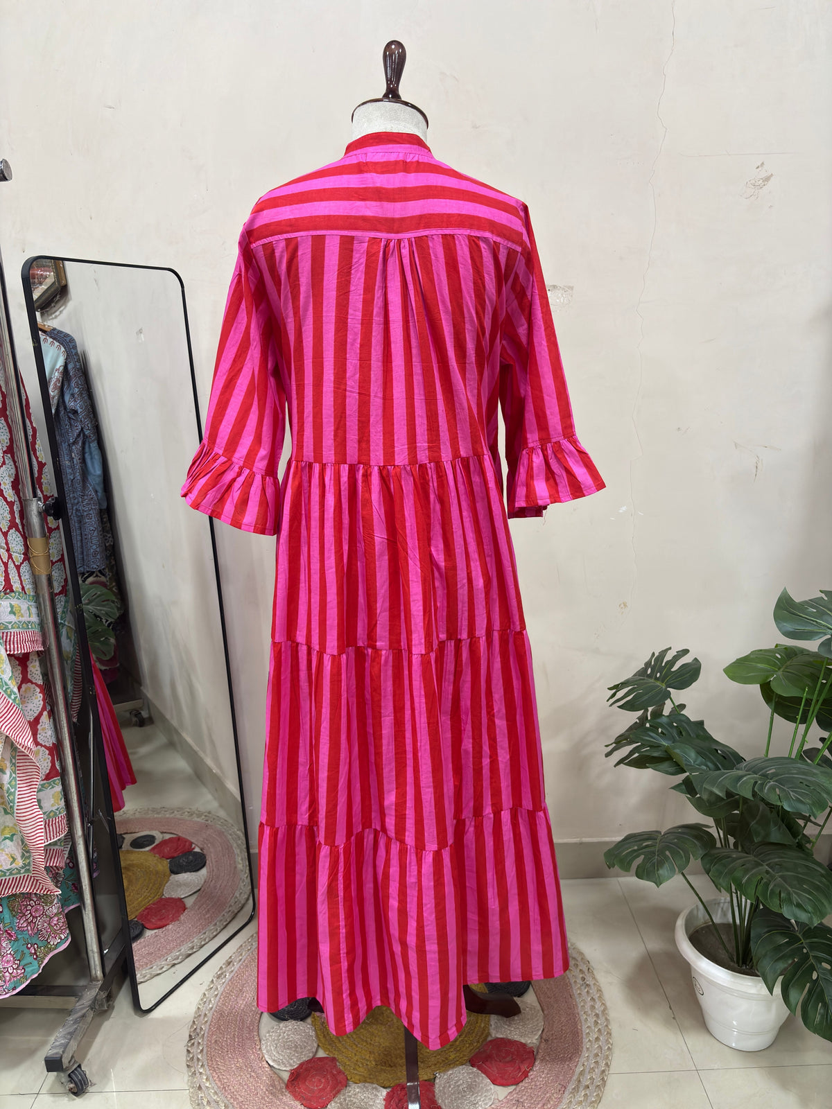 Pink & Red Striped Tiered Maxi Dress