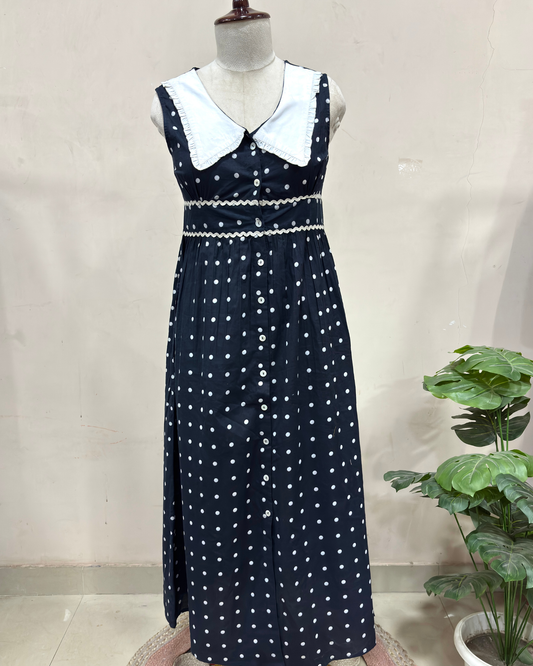 Navy Polka Dot Sleeveless Vintage Dress