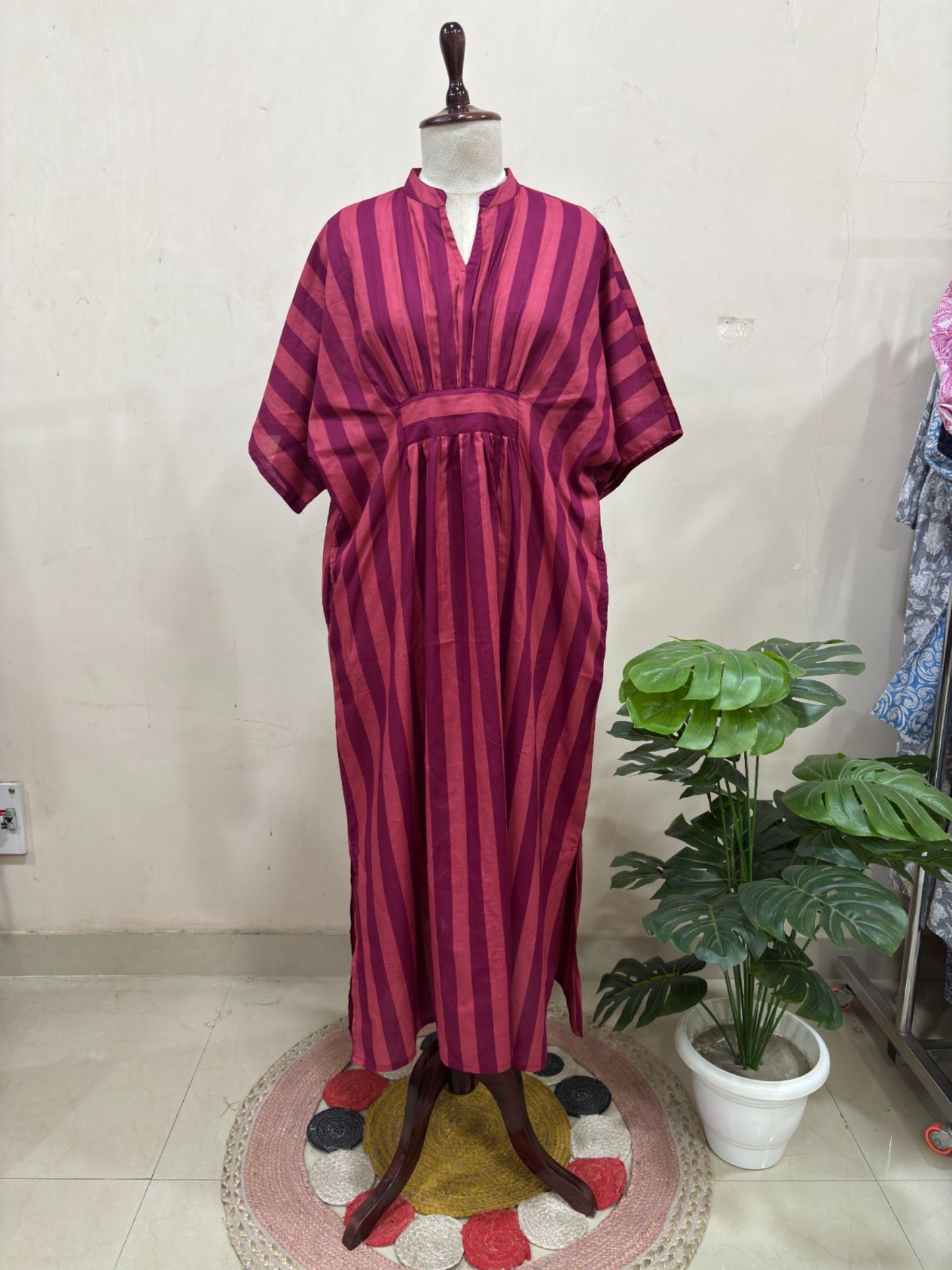 Maroon & Wine Striped Kaftan Dress