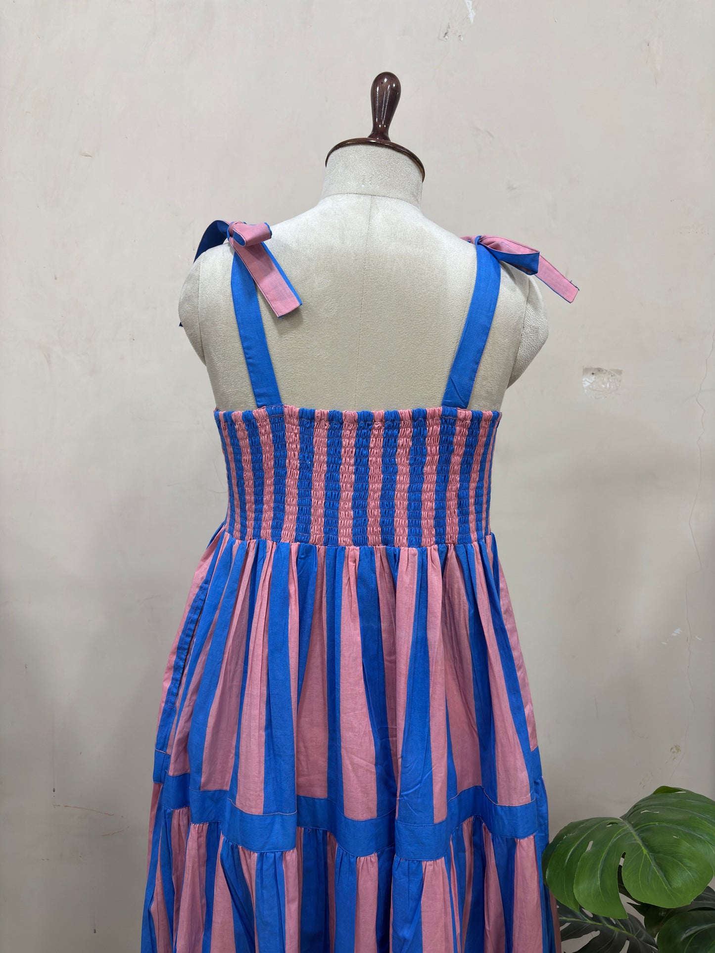 Pink & Blue Striped Tiered Maxi Dress
