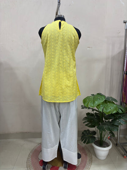 Yellow Embroidered Kurta with White Farshi Salwar