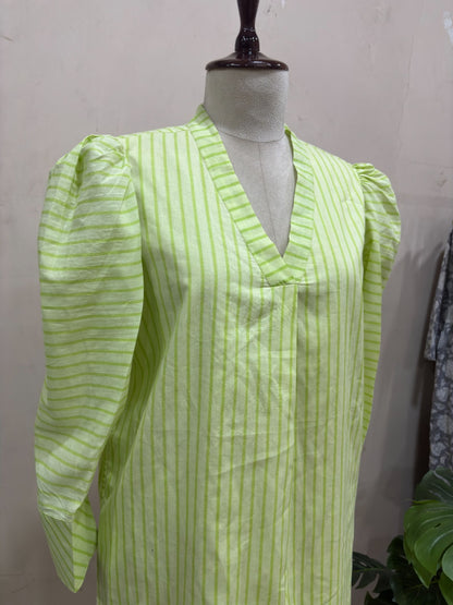 Lime Green Striped V-Neck Midi Dress