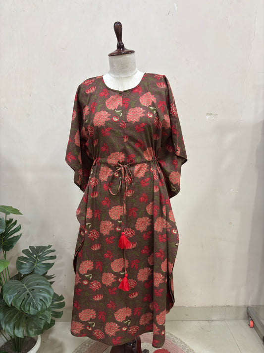 Floral Brown Kaftan Dress with Tassel Waist Tie