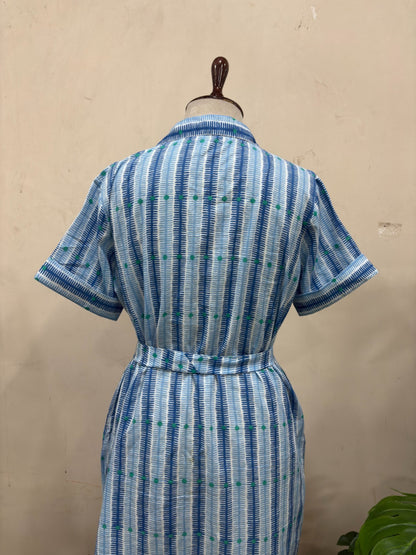 Blue Striped Tie Waist Midi Dress