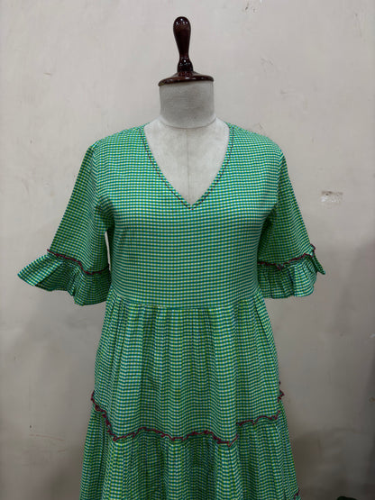 Green Gingham Tiered Midi Dress