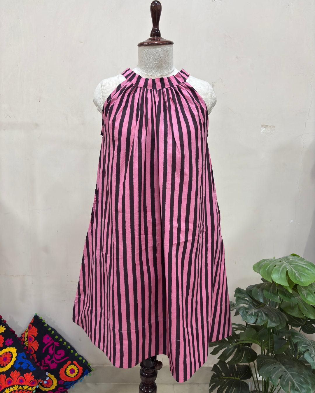 Pink Noir Striped Halter Neck Dress