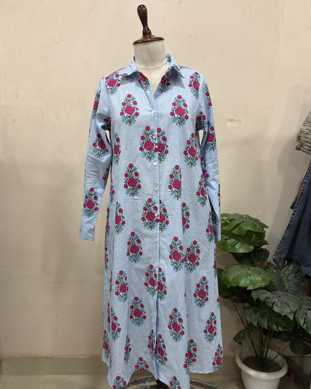 Sky Stripe Floral Maxi Shirt Dress