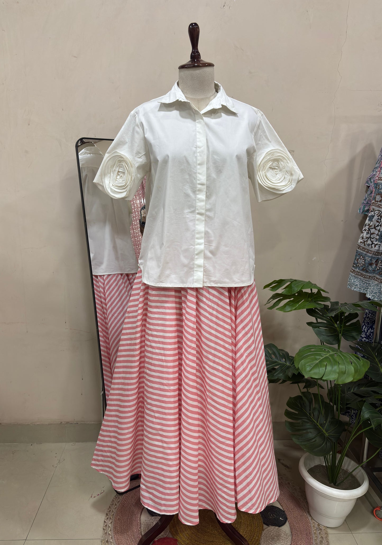 Elegant Pink & White Striped Skirt Set
