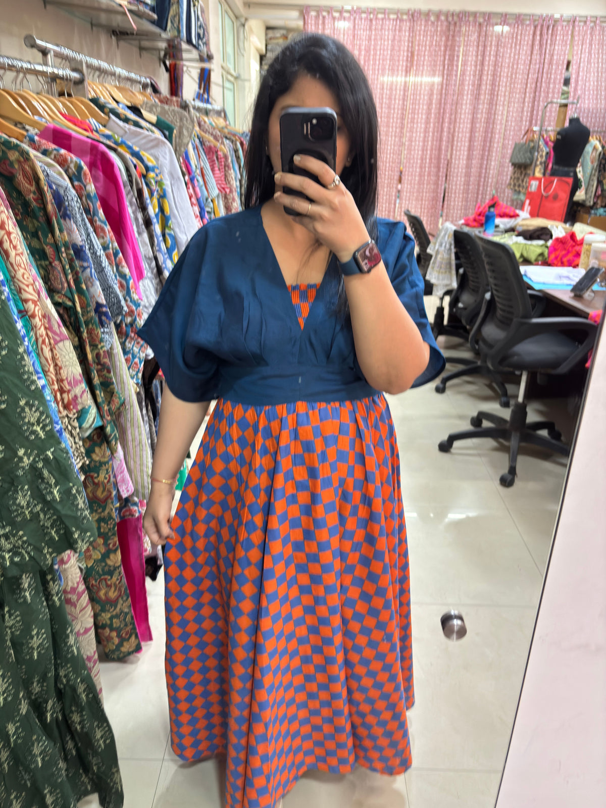 Rust & Blue Checkered Skirt Top Set