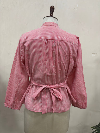 Crimson Stripe Button Top