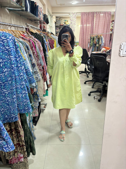 Lime Green Striped V-Neck Midi Dress
