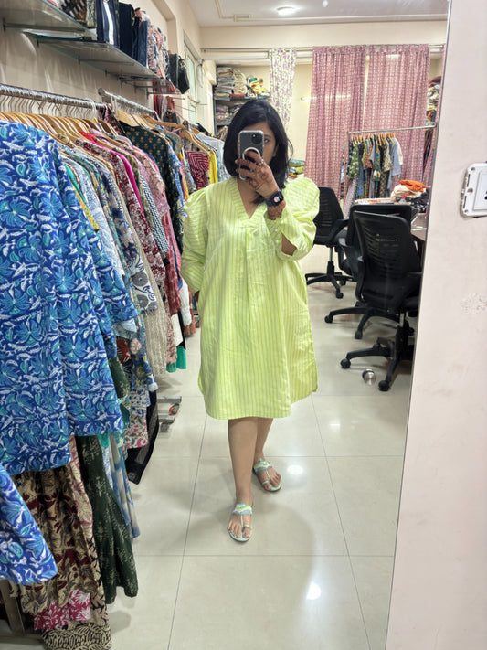 Lime Green Striped V-Neck Midi Dress