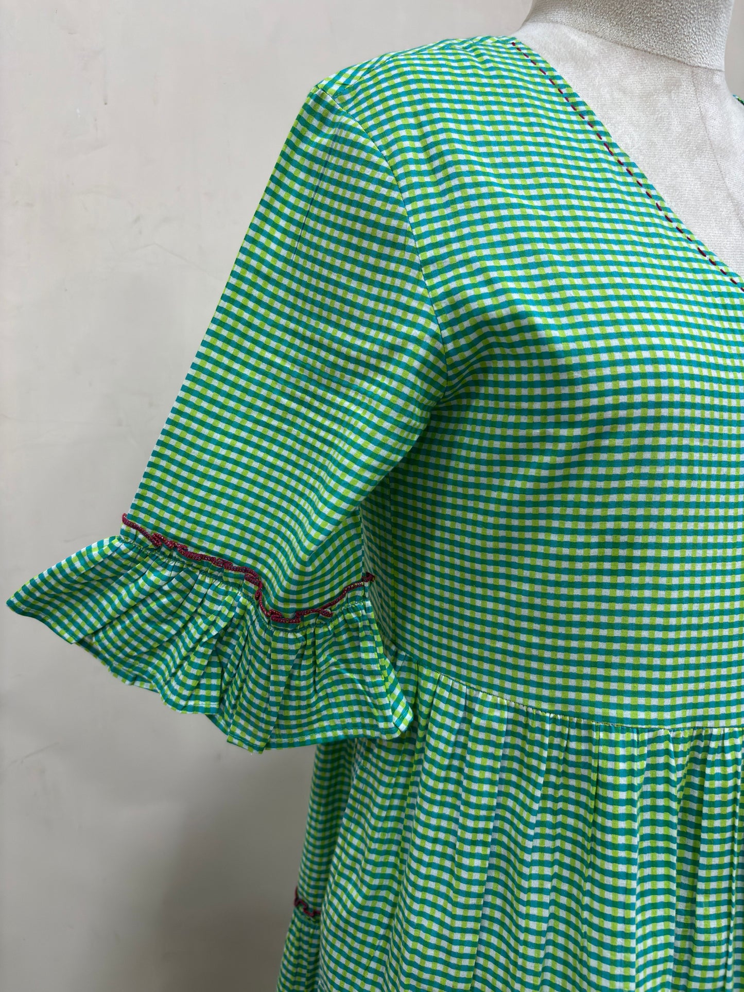 Green Gingham Tiered Midi Dress