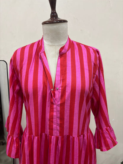 Pink & Red Striped Tiered Maxi Dress