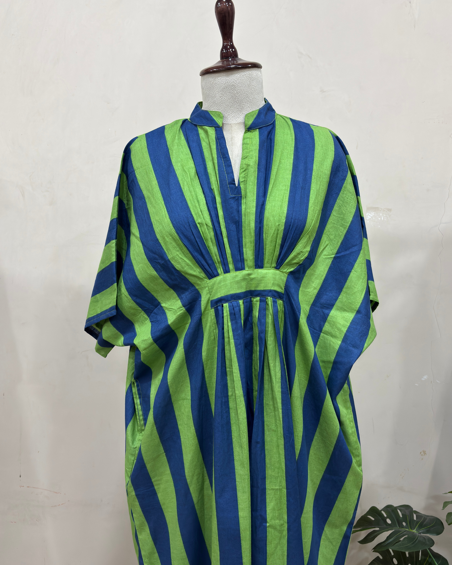 Green & Blue Striped Kaftan Dress