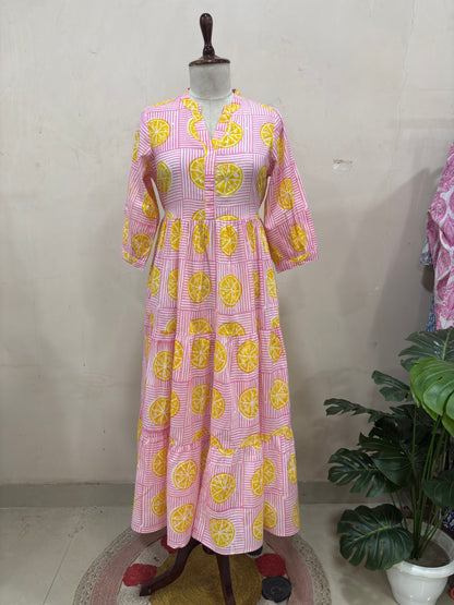 Elegant Lemon Print Tiered Maxi Dress