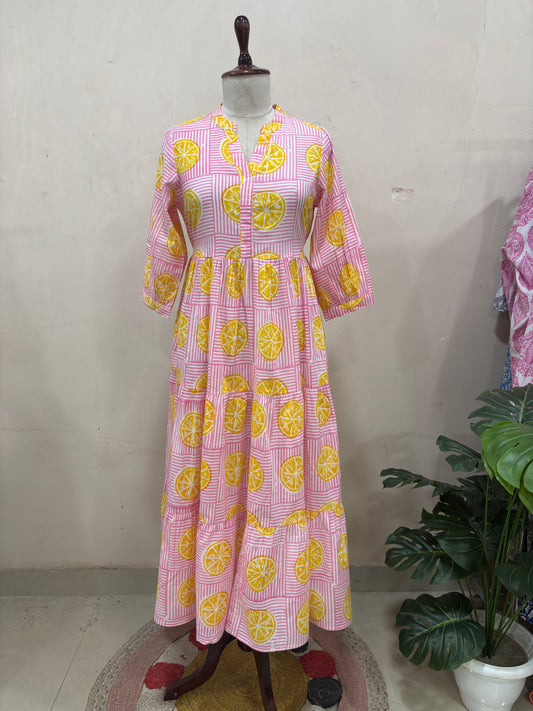 Elegant Lemon Print Tiered Maxi Dress