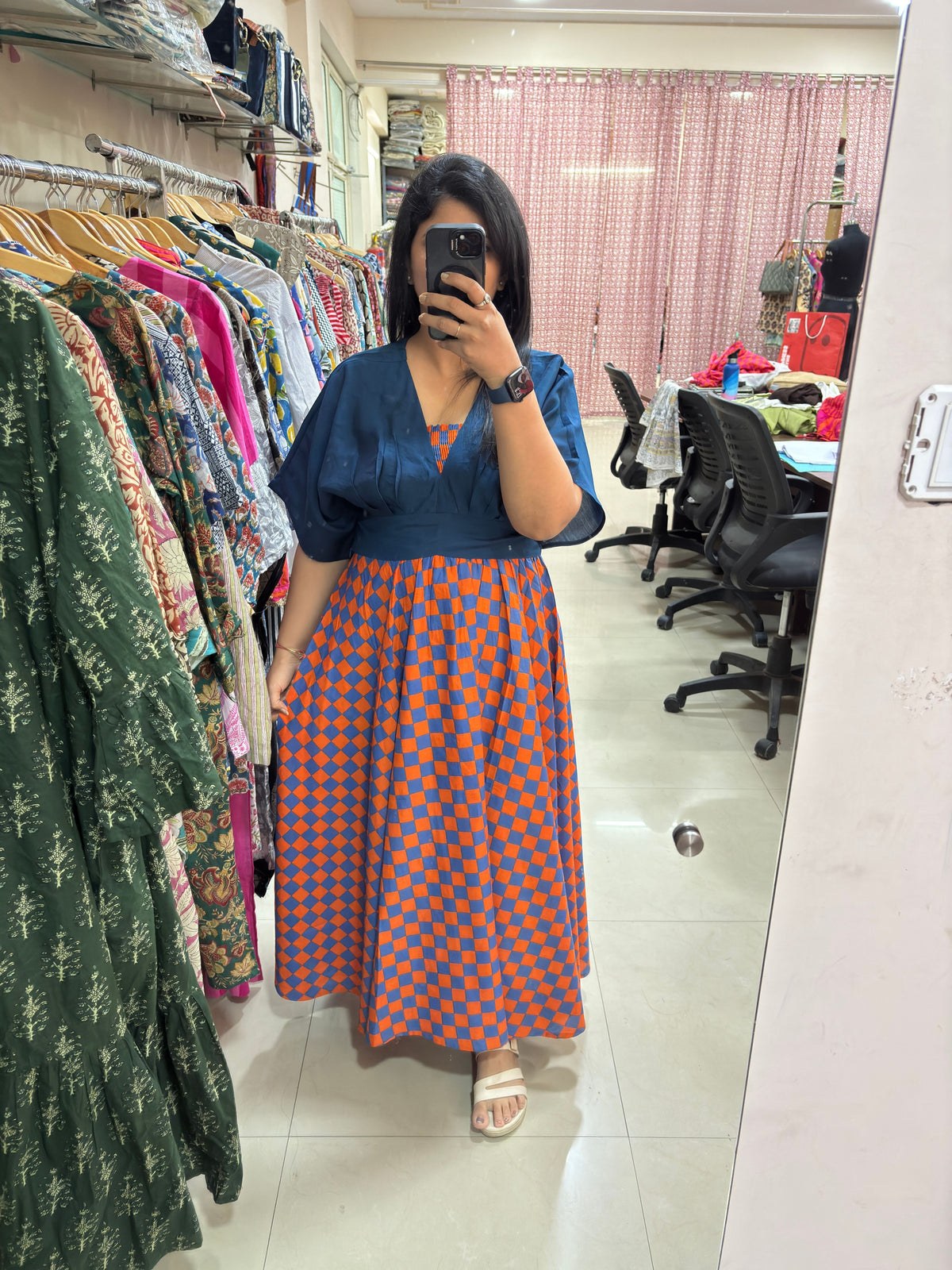 Rust & Blue Checkered Skirt Top Set
