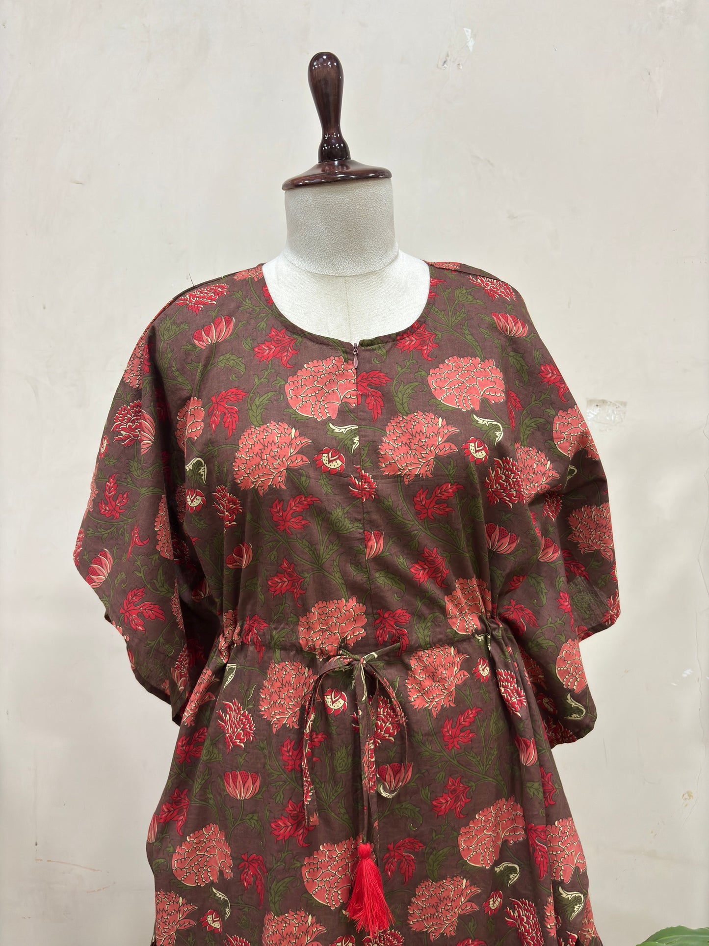 Floral Brown Kaftan Dress with Tassel Waist Tie