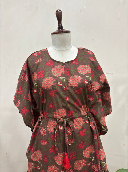 Floral Brown Kaftan Dress with Tassel Waist Tie