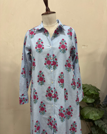 Sky Stripe Floral Maxi Shirt Dress