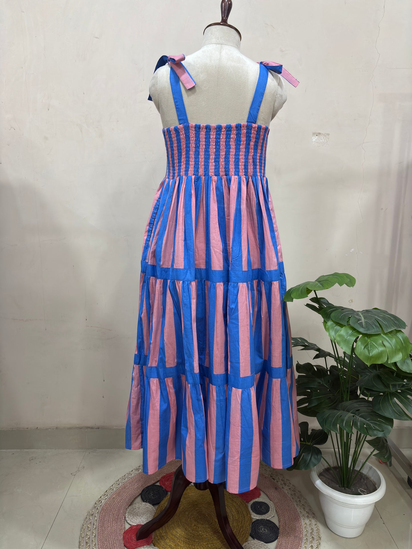 Pink & Blue Striped Tiered Maxi Dress