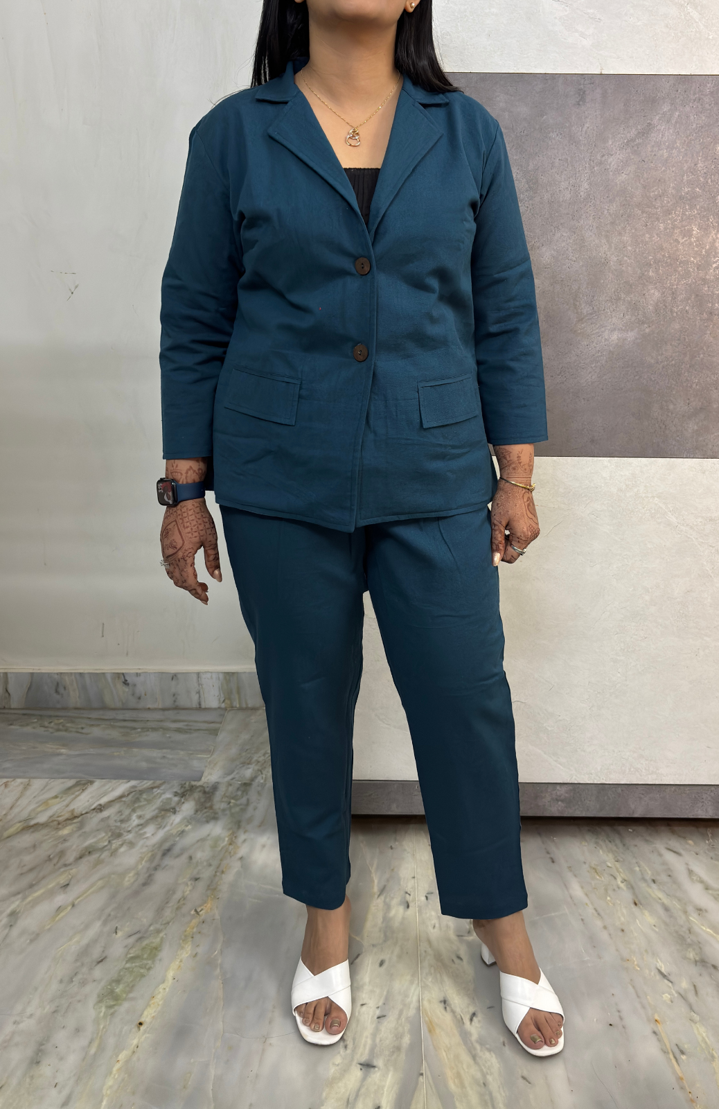 Teal Luxe Minimal Blazer Three Piece Set