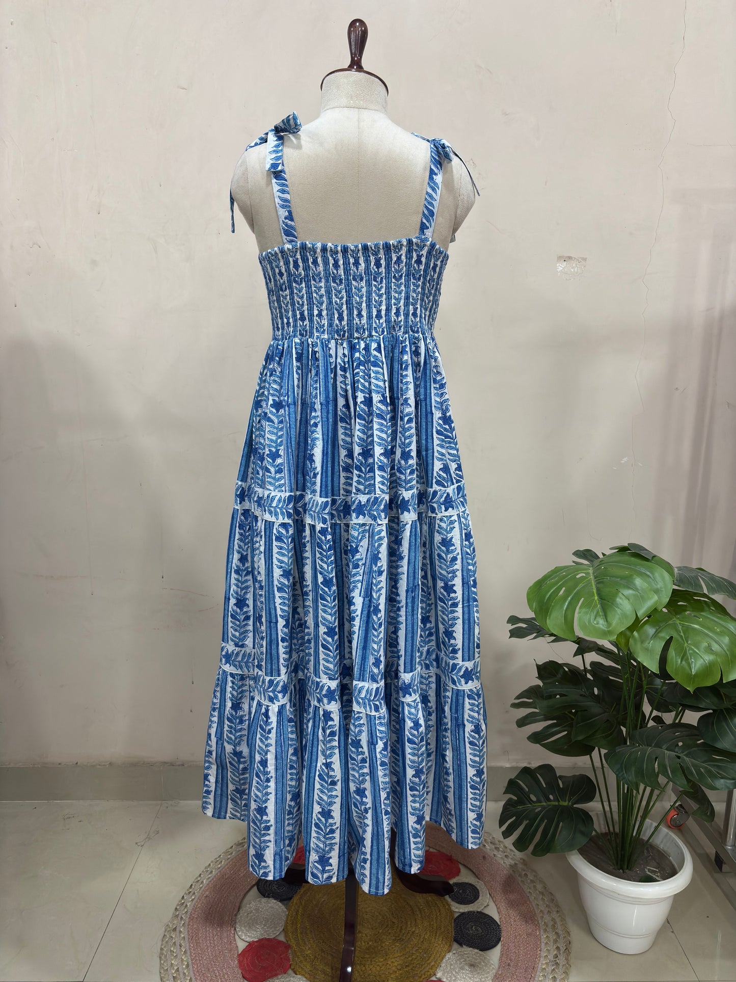 Blue & White Floral Print Tiered Maxi Dress
