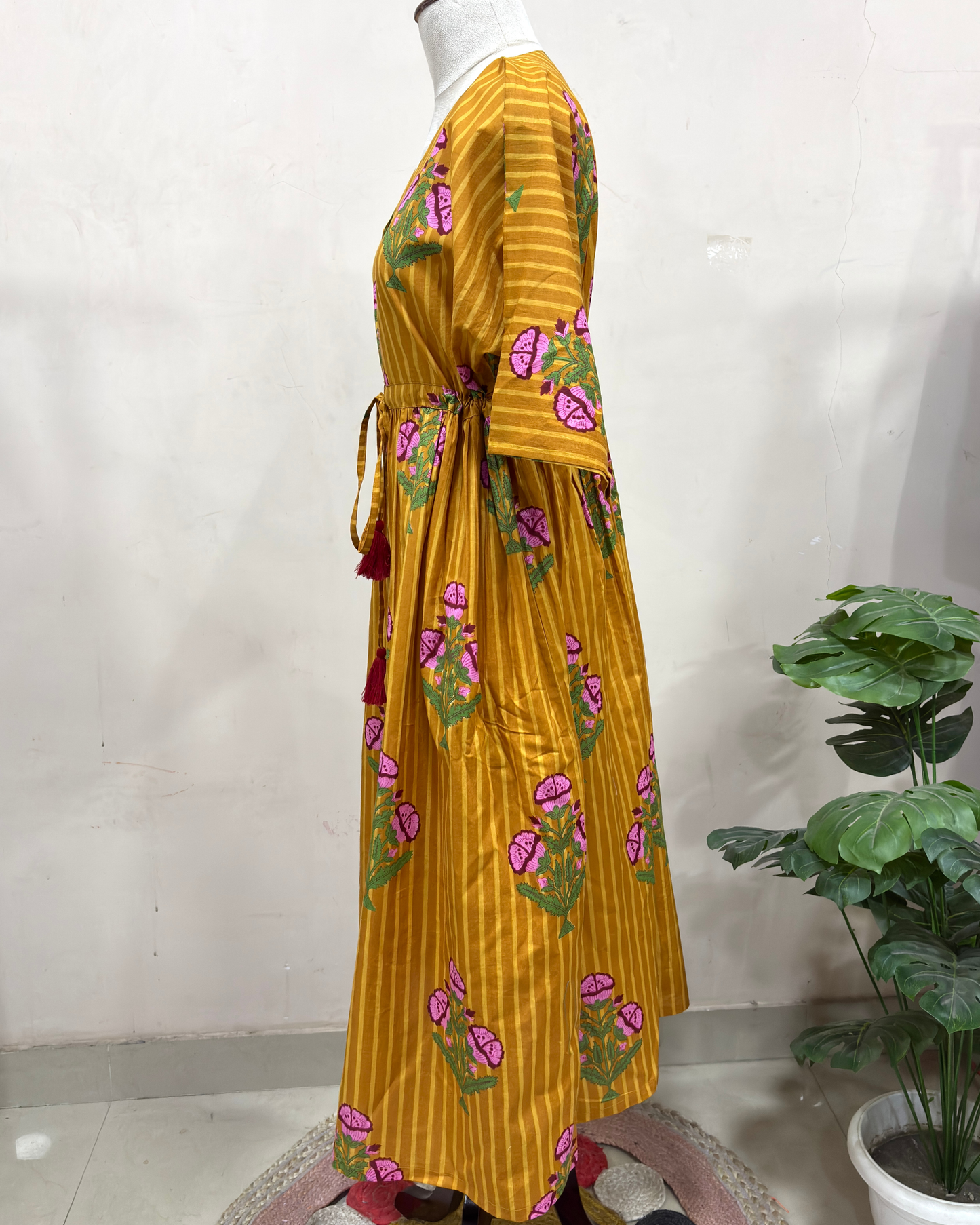 Mustard Floral Printed Kaftan Dress