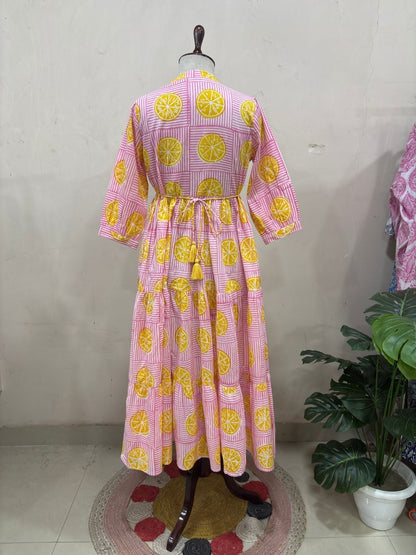 Elegant Lemon Print Tiered Maxi Dress