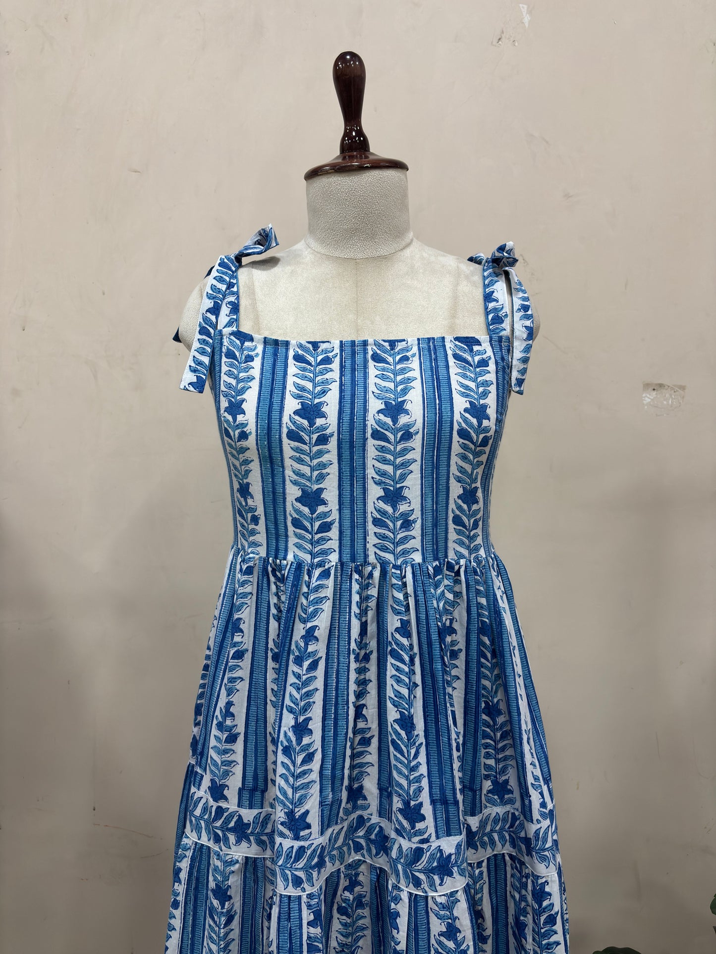 Blue & White Floral Print Tiered Maxi Dress
