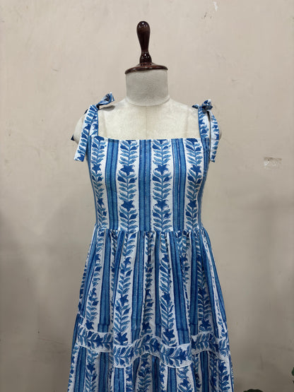 Blue & White Floral Print Tiered Maxi Dress