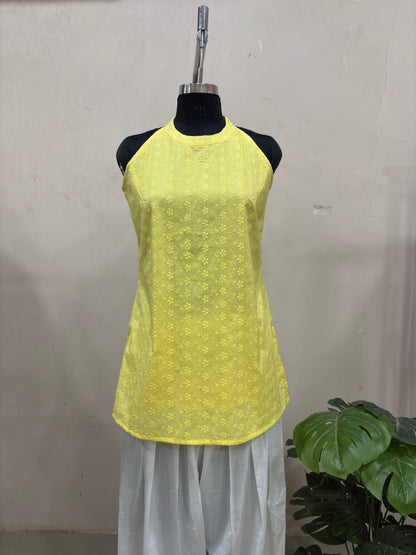 Yellow Embroidered Kurta with White Farshi Salwar
