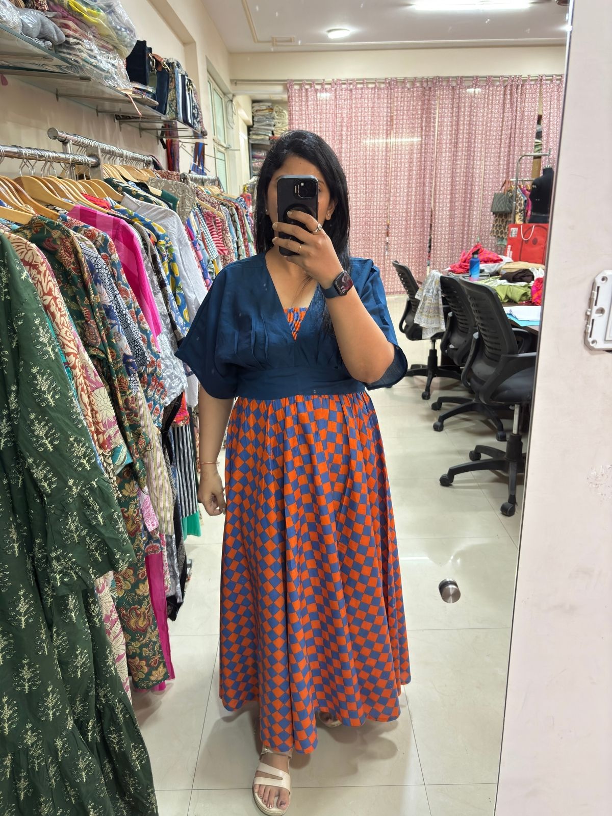 Rust & Blue Checkered Skirt Top Set