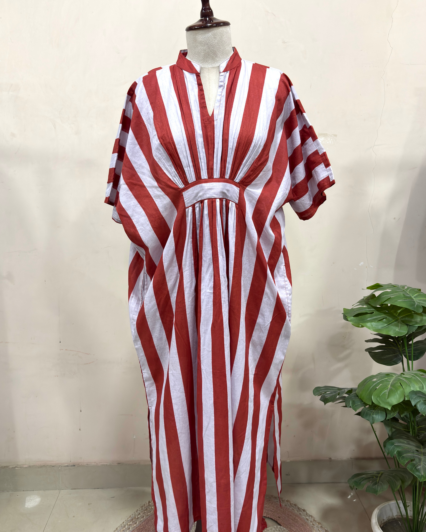 Red & White Striped Kaftan Dress